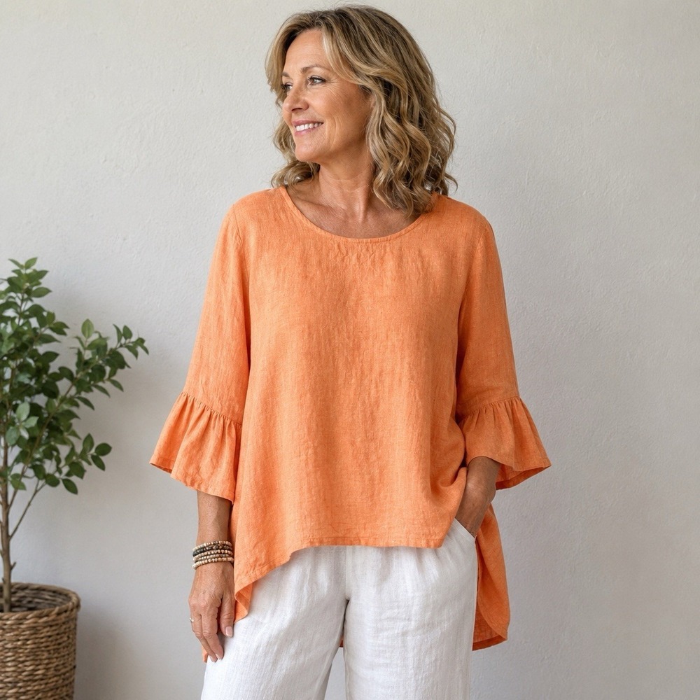Bryn Walker Women XL 100% Linen Orange Bell Sleeve High Low Tunic Top USA